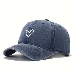 Blue‎ Vintage Heart Embroidered Baseball Cap Adjustable Washed Dad Hat Unisex
